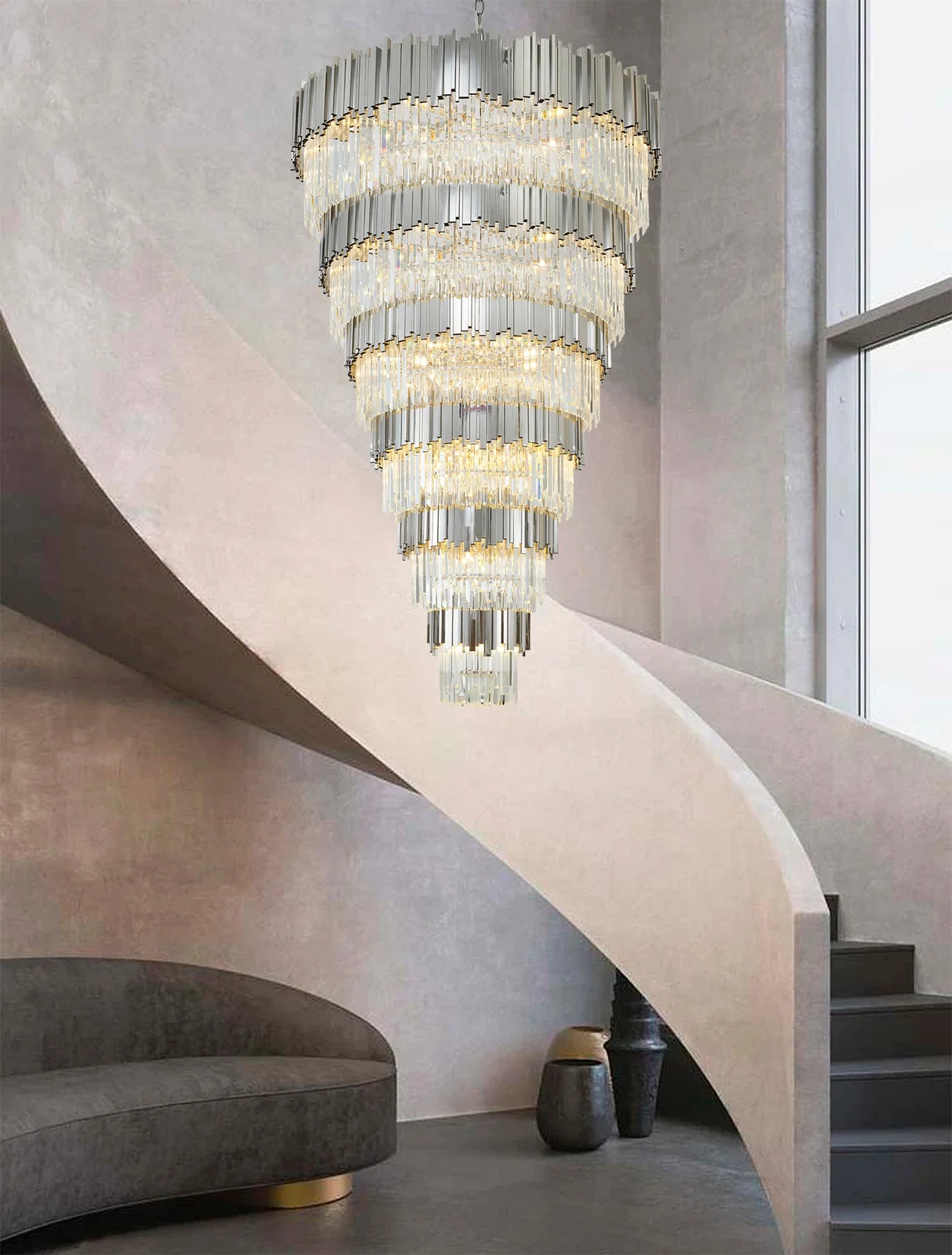 Chrome Cascading Crystal Chandelier - 78-Inch, Round 12 Tiered for Stairway — Crown Lighting