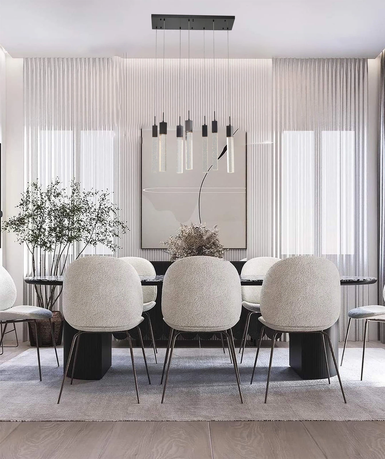 Black Gun Metal Clear Block Bubble Crystal Chandelier - 12x36-Inch 7 Pillars for Dining Room shown installed in interior setting — Crown Lighting