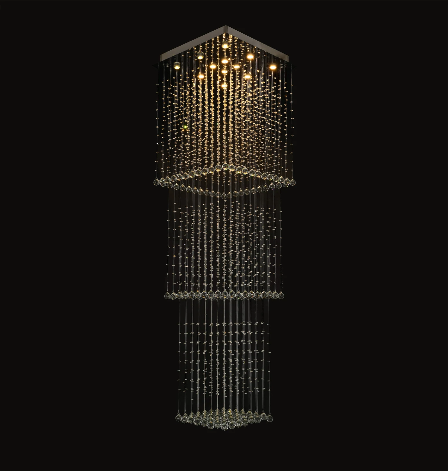 Chrome Geometric Crystal Chandelier - 96-Inch 3 Tiered Flush Mount for Stairway — Crown Lighting