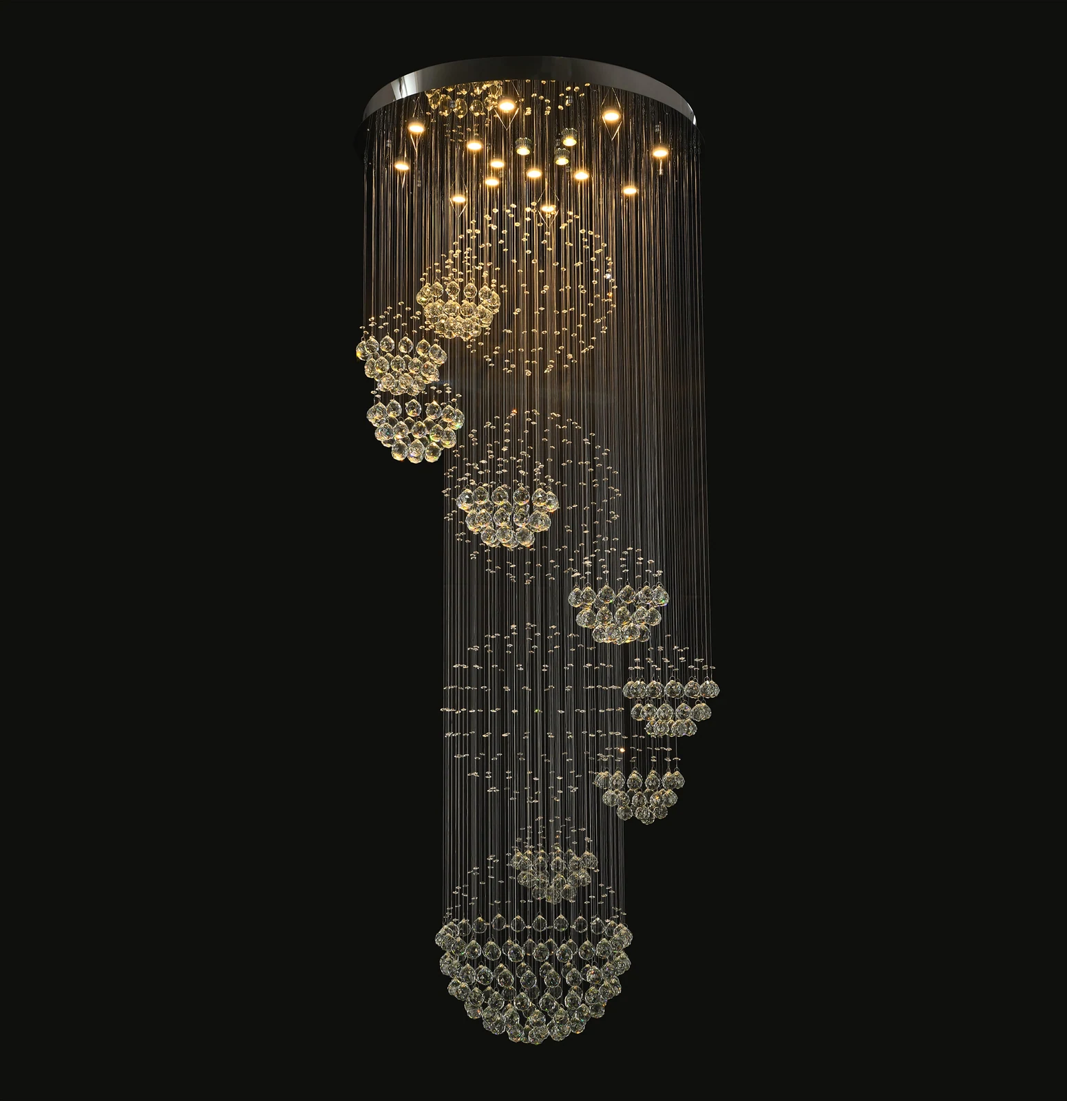 Golden Raindrop Crystal Chandelier - 96-Inch Spiral Geometric Flush Mount for Stairway — Crown Lighting