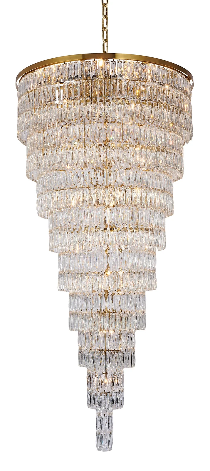 Golden Waterfall Crystal Chandelier - 84-Inch, Round 9 Tiered Suspended for Stairway — Crown Lighting