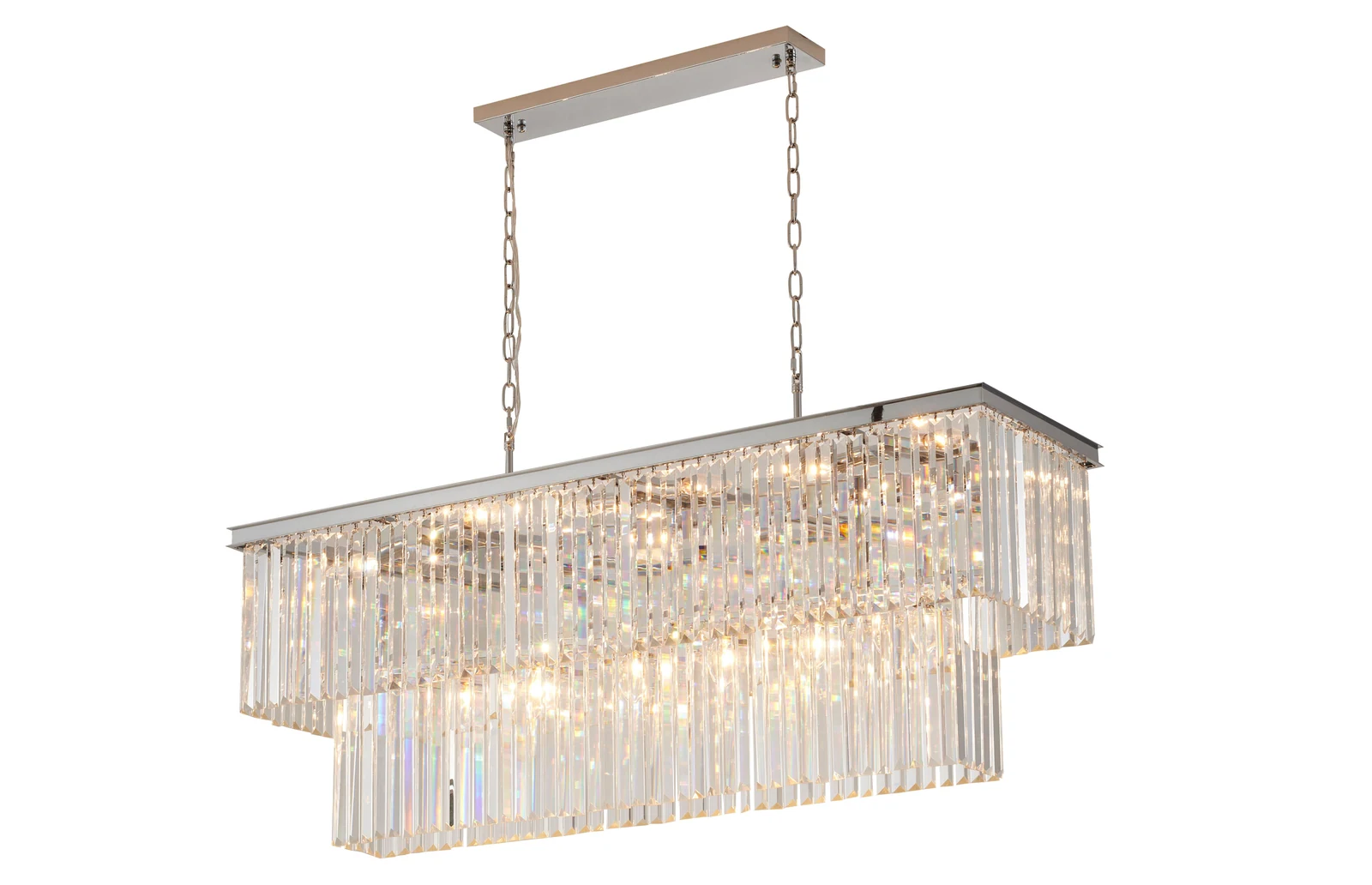 Chrome Waterfall Crystal Chandelier - 60-inch Bar 2 Tiered for Dining Room — Crown Lighting