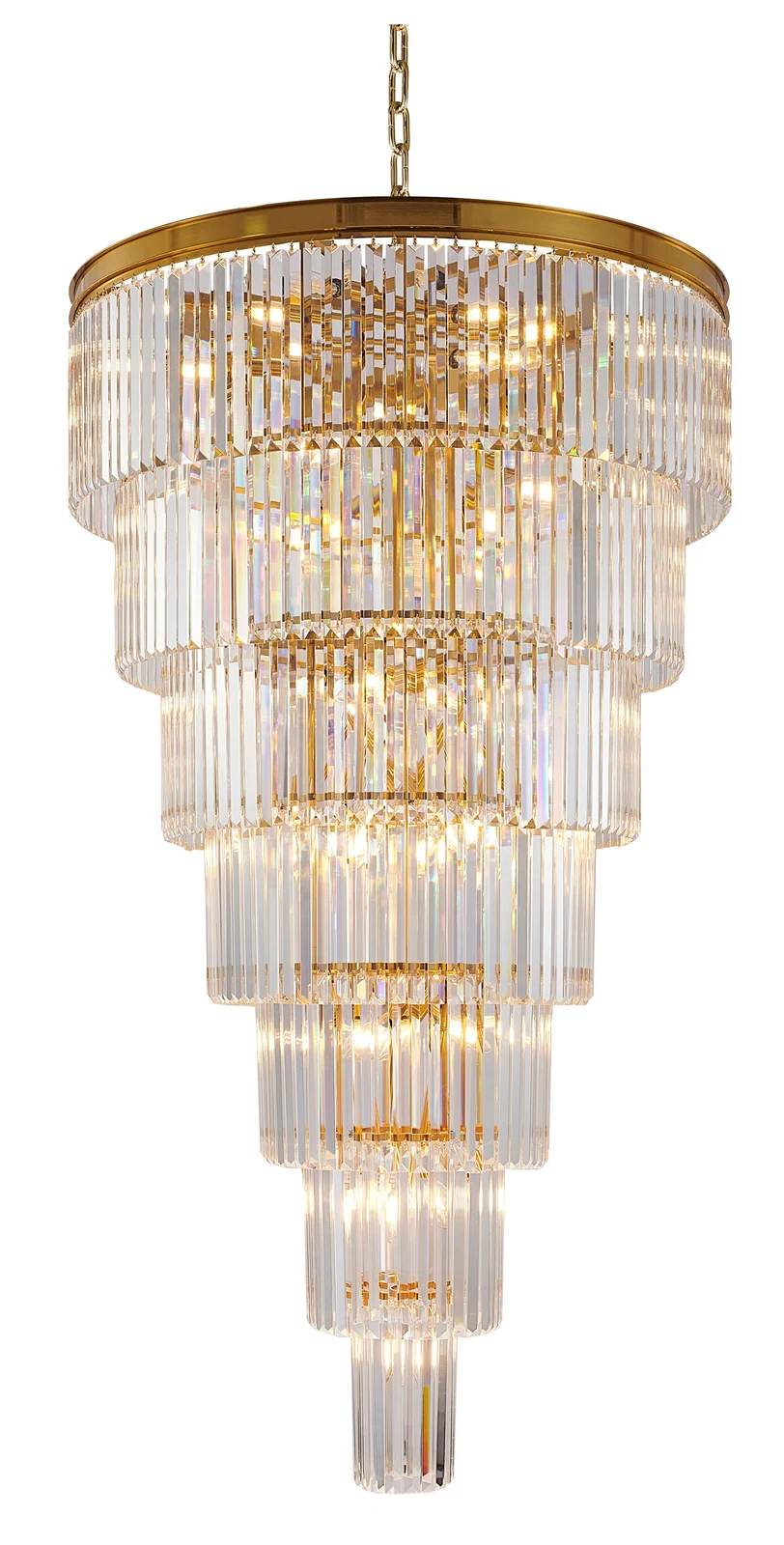 Brass Waterfall Crystal Chandelier - 72-Inch, Round 7 Tiered for Entries — Crown Lighting