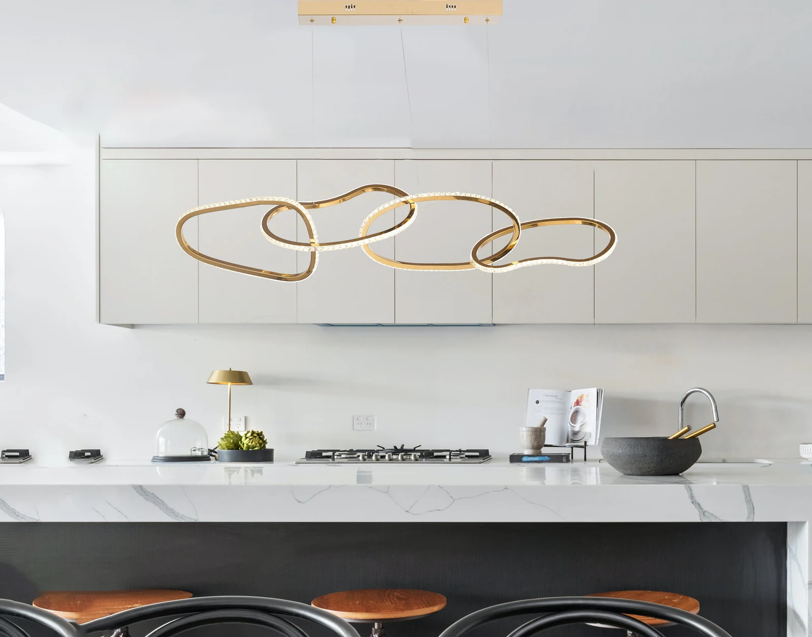 Golden Ring Crystal Chandelier - 48-Inch 4 Oblong Rings for Kitchen — Crown Lighting