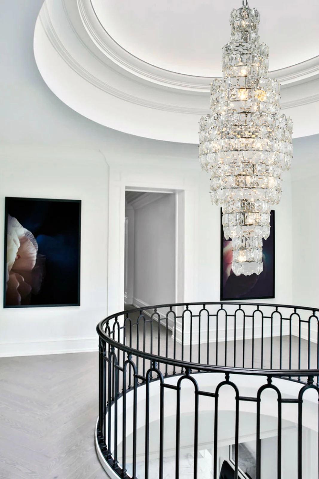 Chrome Cascading Crystal Chandelier - 67-Inch, Round 7 Tiered for Stairway — Crown Lighting