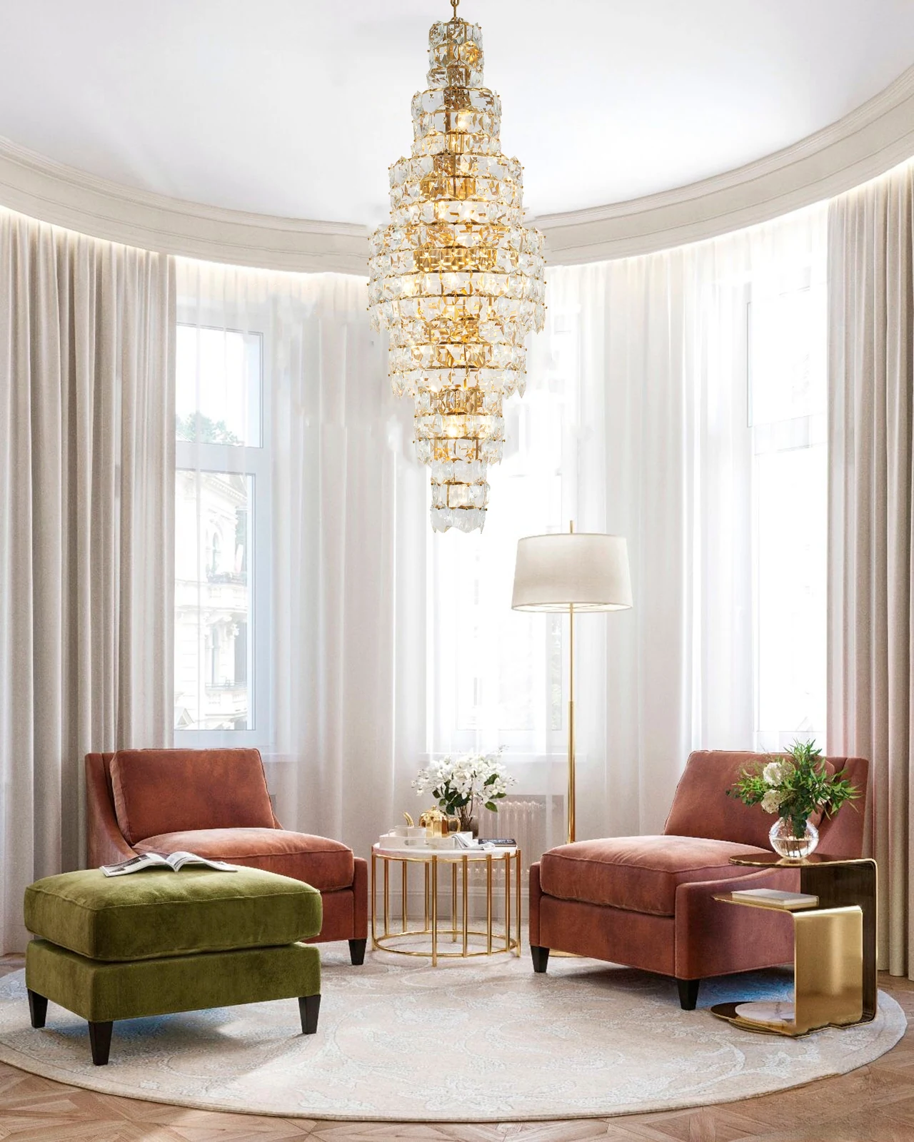 Brass Cascading Crystal Chandelier - 67-Inch 7 Tiered for Stairway — Crown Lighting