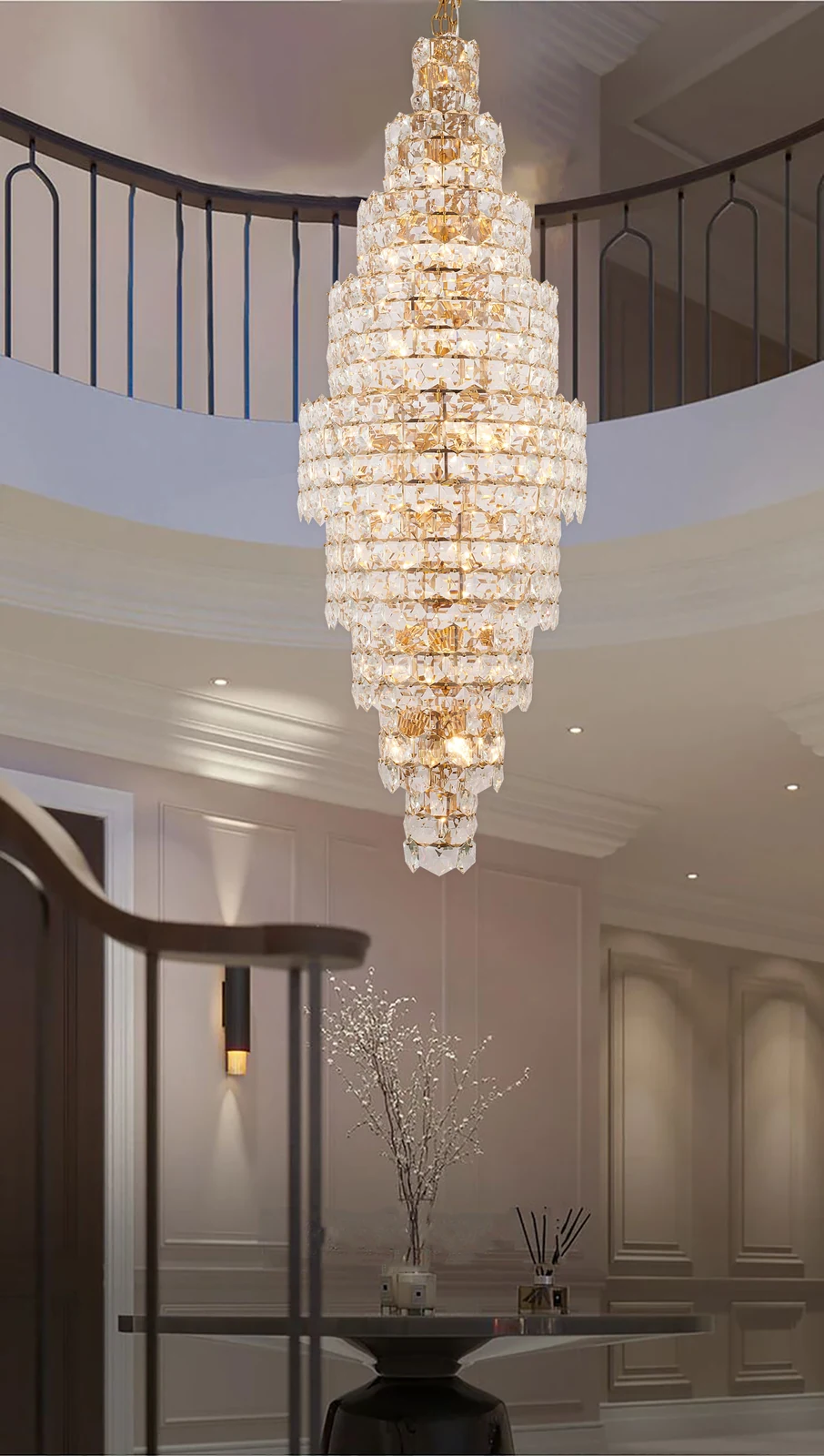 Brass Cascading Crystal Chandelier - 91-Inch 9 Tiered for Stairway — Crown Lighting