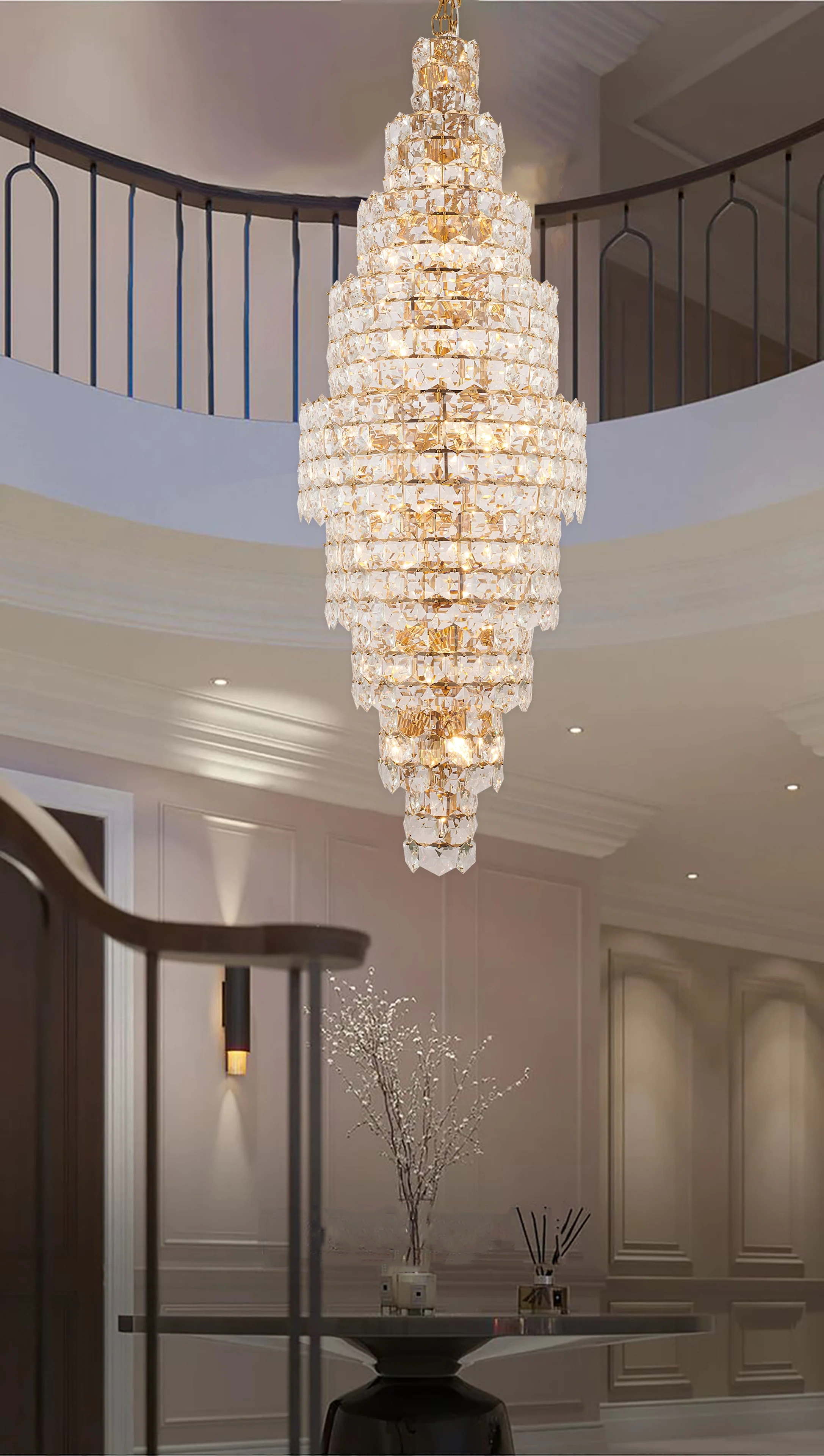 Brass Cascading Crystal Chandelier - 91-Inch 9 Tiered for Stairway