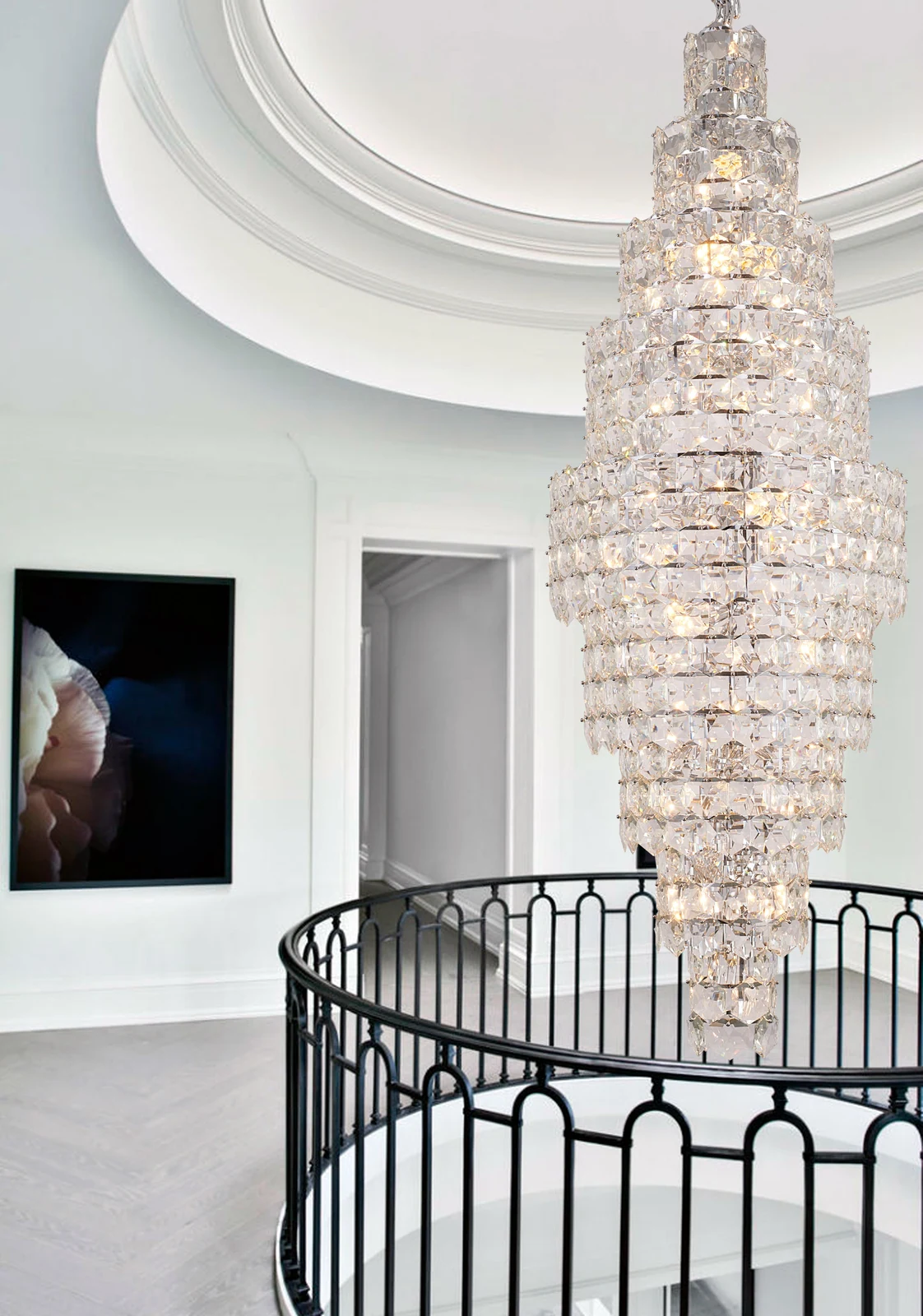 Chrome Cascading Crystal Chandelier - 91-Inch 9 Tiered for Stairway — Crown Lighting
