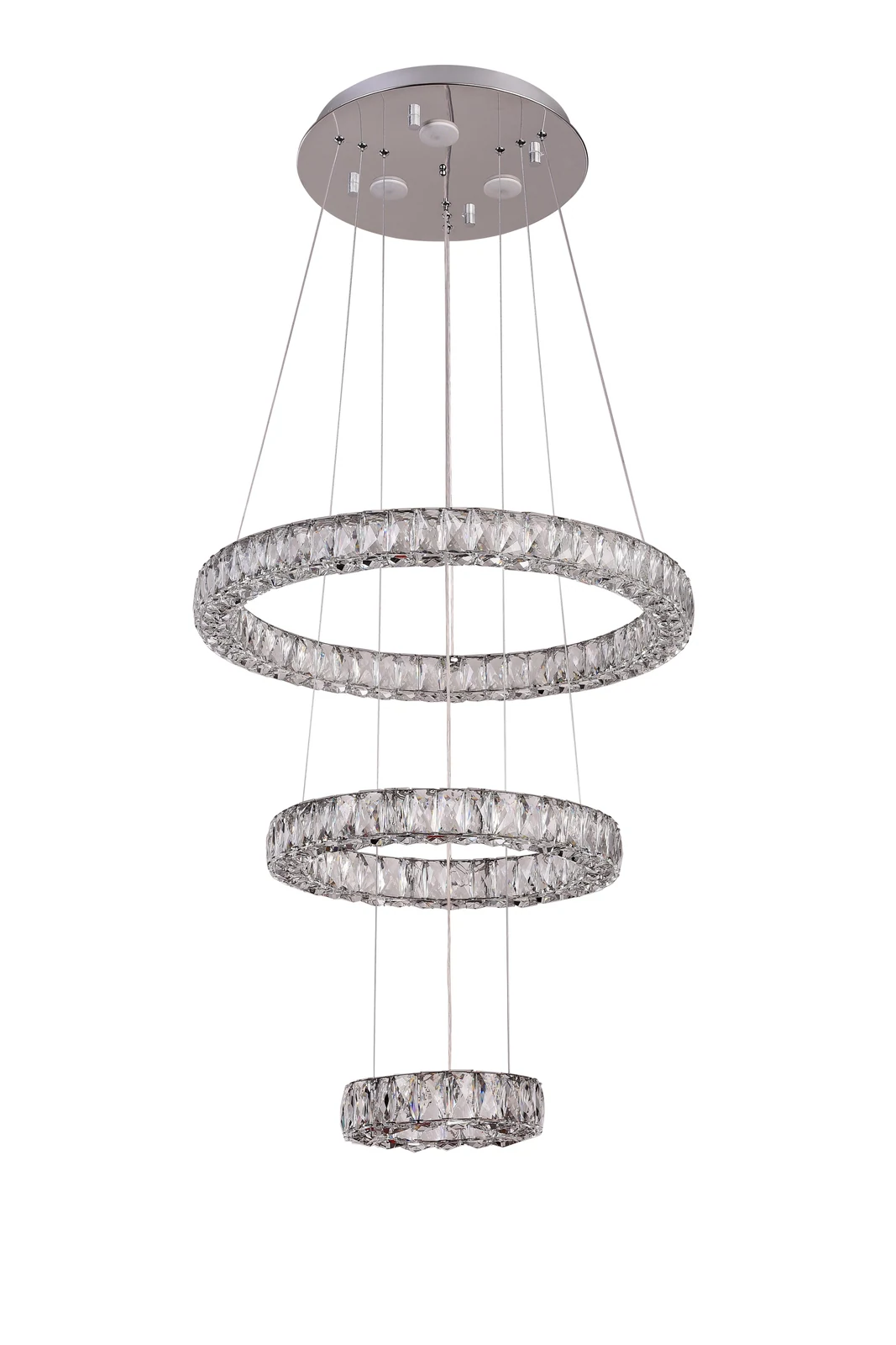 3-Tier Chrome & Crystalline Integrated LED Triple-Ring Chandelier: DIN05C25CH — Crown Lighting