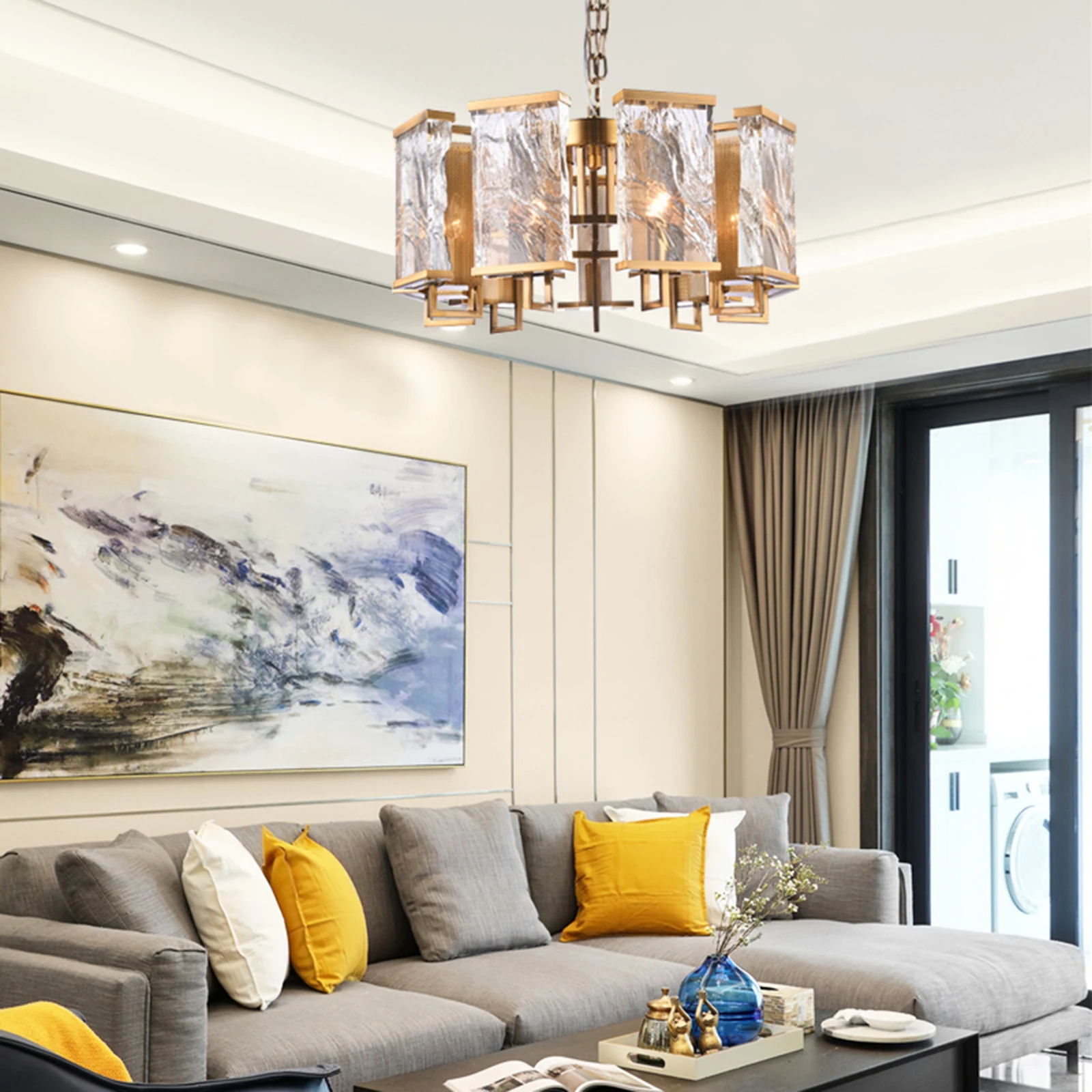 26-Inch Circular Brass & Distorted Crystal Plaque Chandelier: MU75 — Crown Lighting