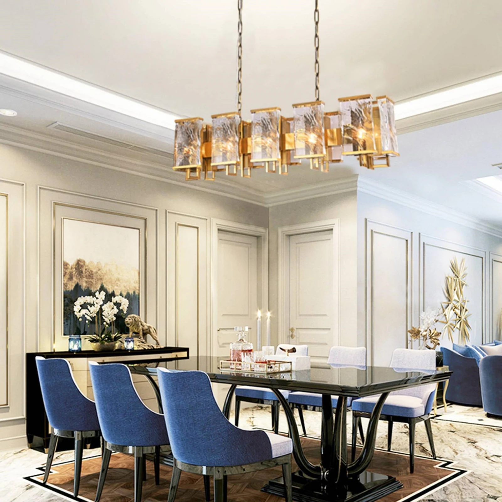 45-Inch Linear Polished Brass & Faceted Crystal Plaque Chandelier: MU77 — Crown Lighting