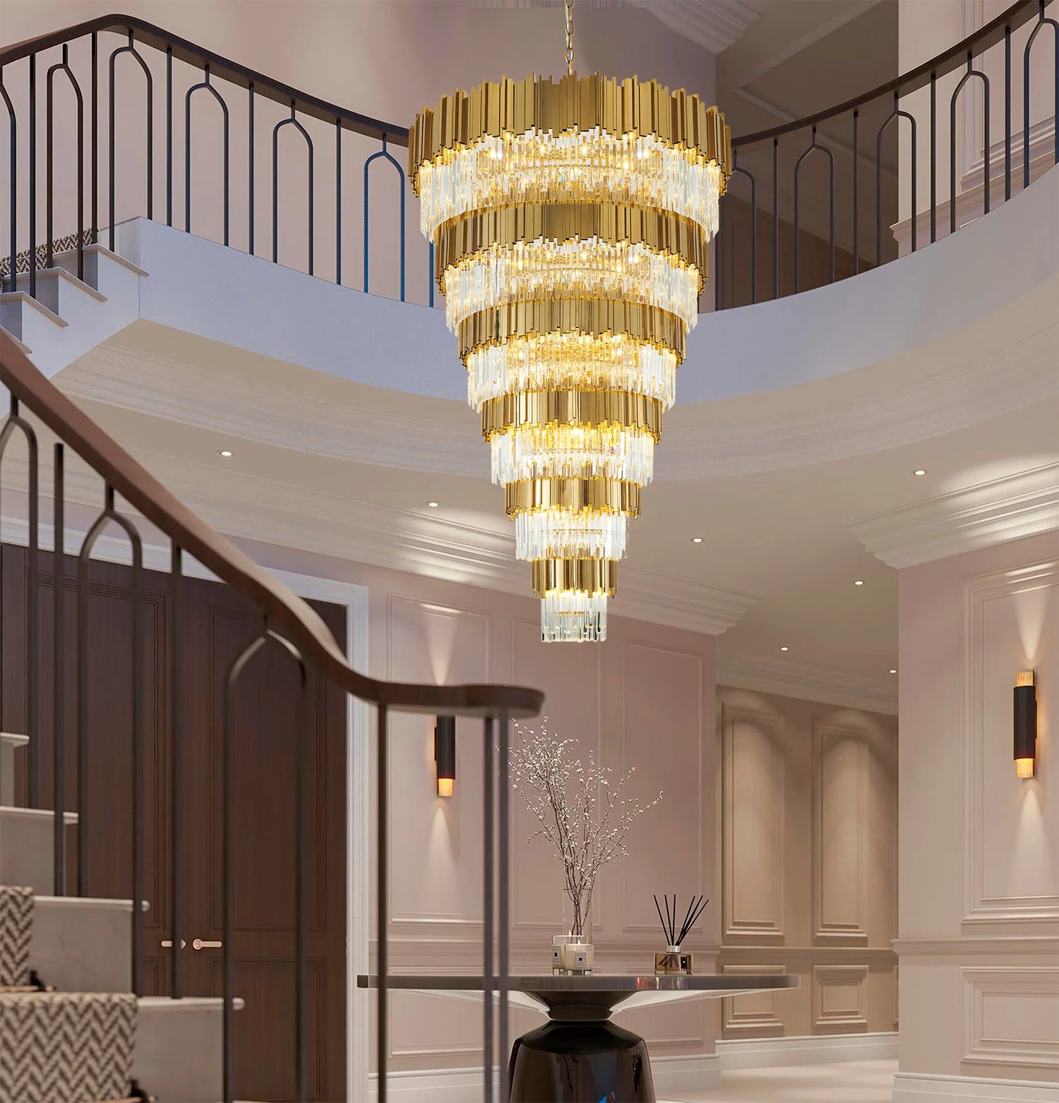 60-Inch Shiny Gold 60-Light Grand Tiered Waterfall Crystal Chandelier: MU66C60GD — Crown Lighting