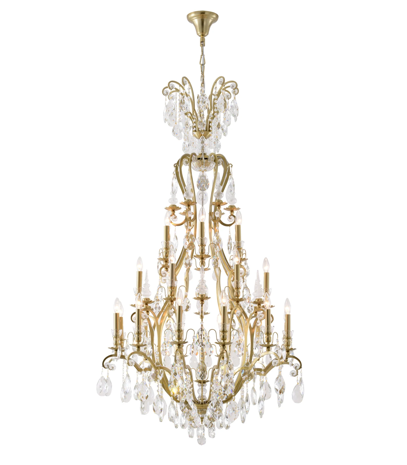 67-Inch Antique Brass 13-Light 3-Tier Elongated Candelabra Crystal Chandelier: BET66 — Crown Lighting