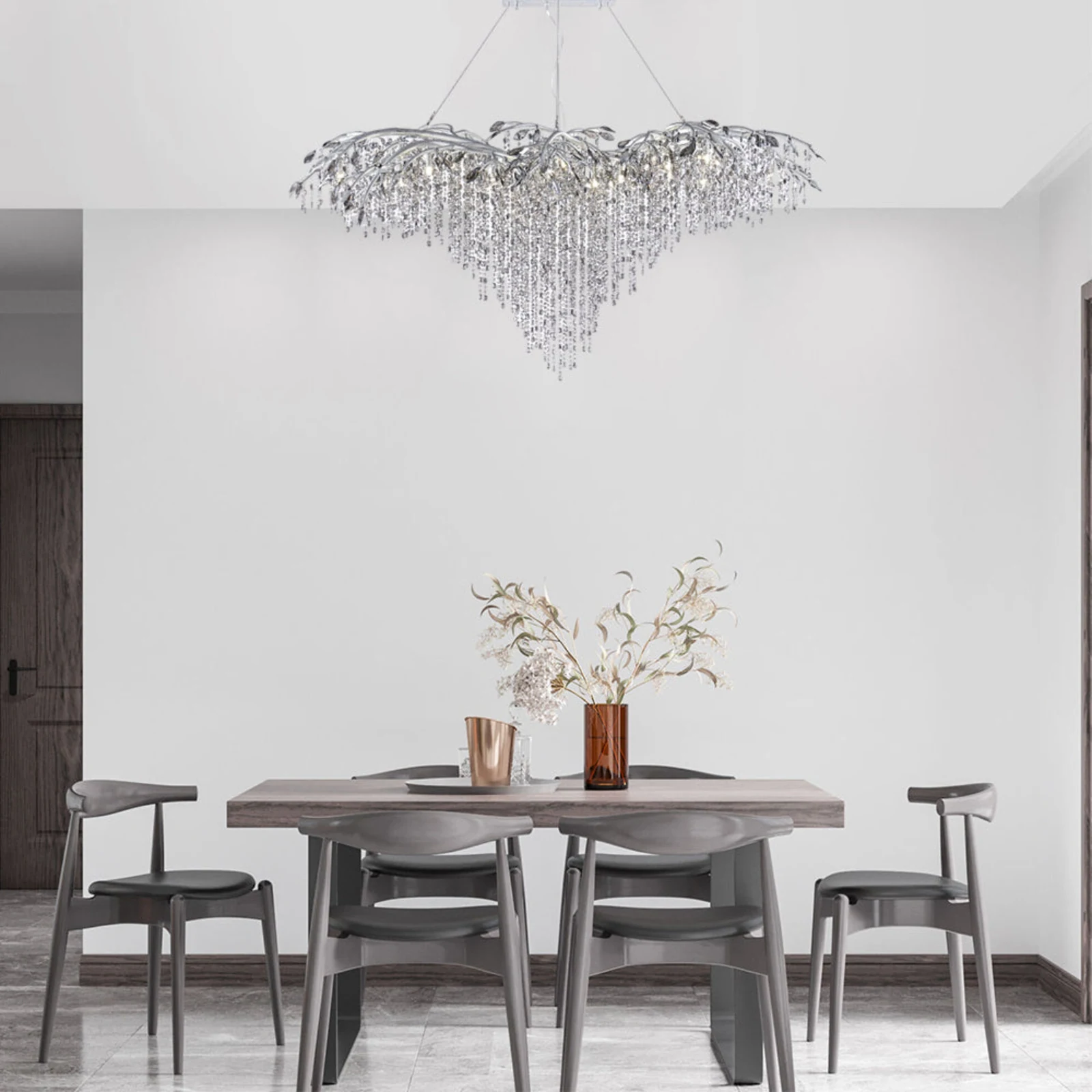 74-Inch Antique Silver Organic Branch 26-Light Smoke Crystal Chandelier: AZ03SL — Crown Lighting