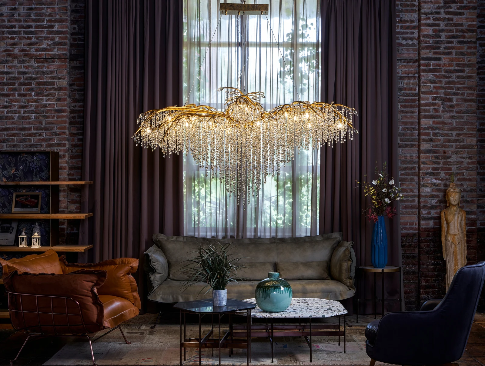 74-Inch Golden Organic Branch 26-Light Champagne Crystal Chandelier: AZ03GD — Crown Lighting