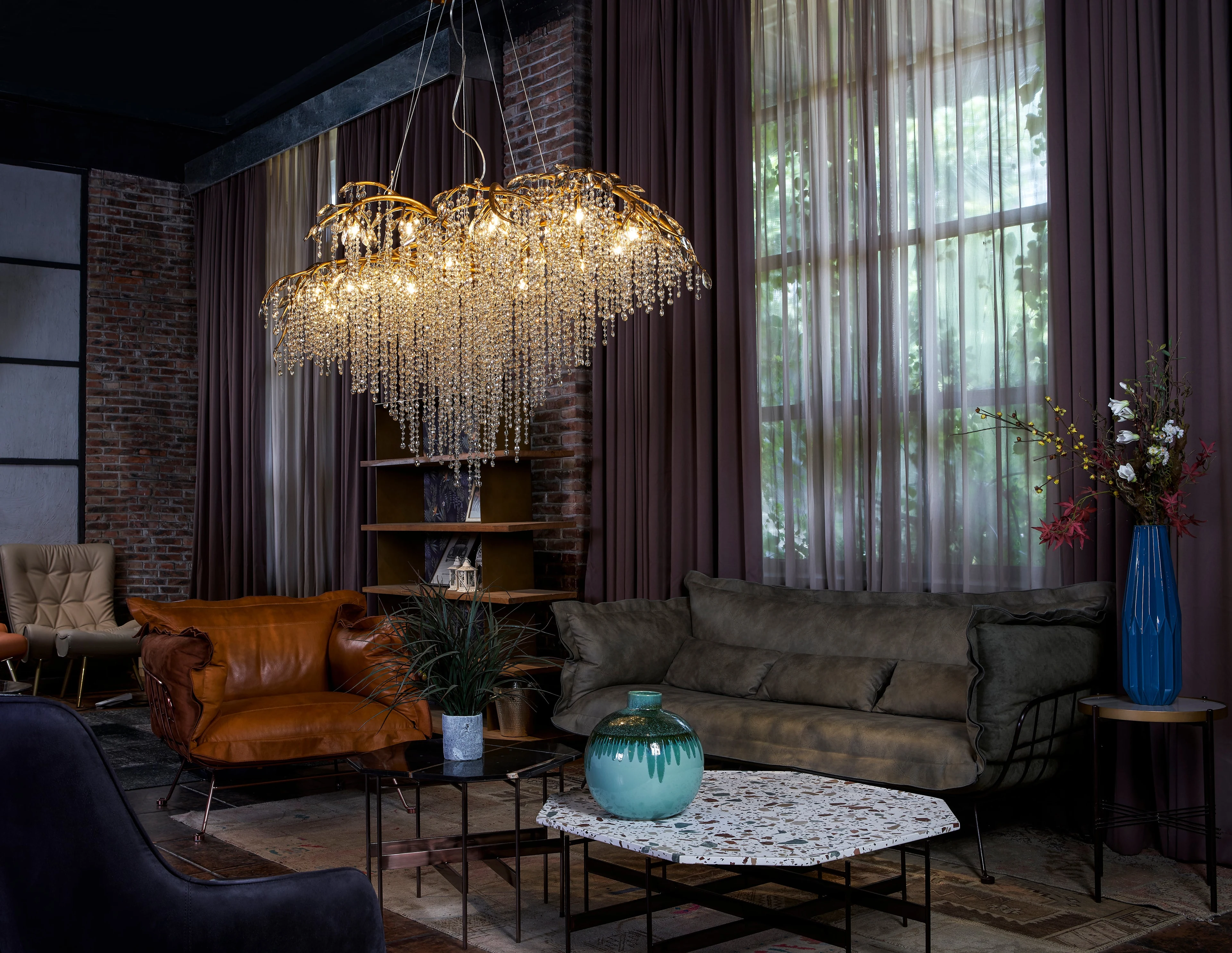 74-Inch Golden Organic Branch 26-Light Champagne Crystal Chandelier: AZ03GD