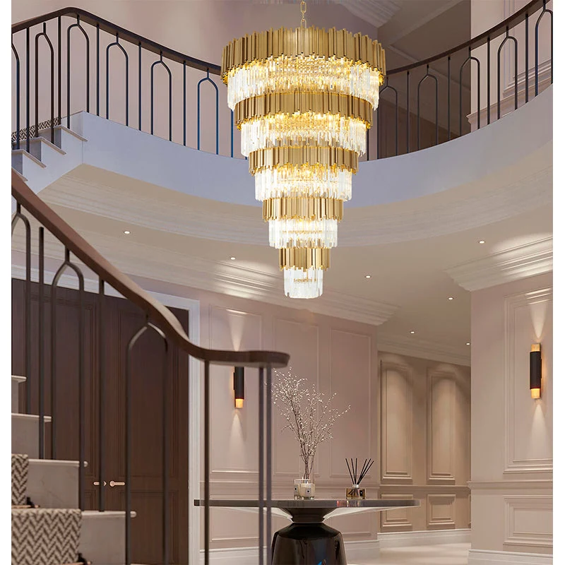 43.4-Inch Brushed Brass 60-Light 10-Section Grand Crystal Waterfall Chandelier: MU66C43BR shown installed in interior setting — Crown Lighting